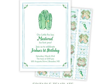 Masters First Birthday Invitation, Printable Golf Birthday Invitation, 1st Birthday Invite, Blue and Green Par-Tee, Editable Corjl Template