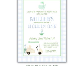 Golf Birthday Invitation, Masters Golf First Birthday Party, Country Club Birthday, Preppy Golf Theme, Mastered 1st Year, Editable Template