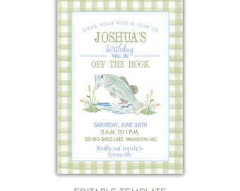 Watercolor Bass Fishing Birthday Invitation, Fishing Birthday Invite, Reel in the Fun Party Invite, Gone Fishing Birthday, Editable Invite