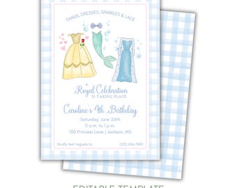 Invitación de cumpleaños de princesa, invitación para fiesta de disfraces de princesa, invitación para fiesta de cumpleaños de princesa real, fiesta de princesa de cuento de hadas, editable