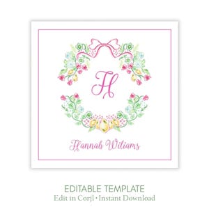 Floral Monogram Gift Tag Template, Pink Green Personalized Initial Favor Tag, Printable Preppy Gift Enclosure Card, Hostess Gift Tag