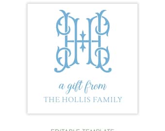 Etiquetas para Presente com Monograma Duplo Imprimíveis, Modelo de Etiqueta Personalizada com Inicial, Etiqueta para Presente de Casamento, Etiqueta de Papelaria Estilo Preppy Editável Corjl