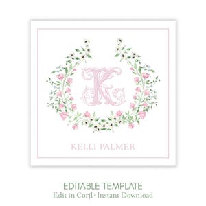 Plantilla de etiqueta de regalo con monograma floral, etiqueta de recuerdo personalizada con inicial en rosa y verde, tarjeta imprimible de acompañamiento de regalo estilo preppy, etiqueta de regalo original para anfitriona.