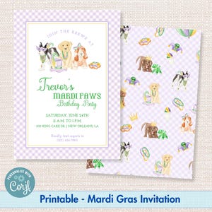 Watercolor Printable Mardi Gras Birthday Party Invitation, Puppy Krewe Gingham Fat Twosday Invitation Template, Digital Download, Corjl