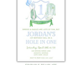 Masters First Birthday Invitation, Printable Golf Birthday Invitation, 1st Birthday Invite, Blue and Green Par-Tee, Editable Corjl Template