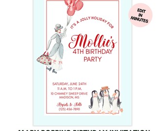 Mary Poppins Birthday Invitation, Jolly Holiday Party Invite, Storybook Birthday Theme, Carousel Birthday Invite, Editable Corjl Template
