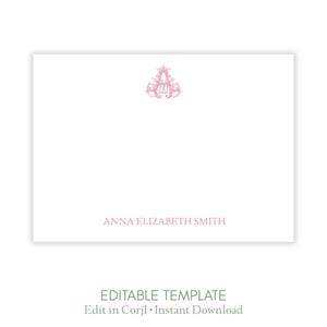 Plantilla de papelería con monograma personalizado, juego de tarjetas editables, tarjetas de notas con estampado floral vintage, tarjetas de agradecimiento personalizadas, papelería de estilo preppy.