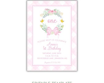 Blumen zum 1. Geburtstagseinladung, rosa Blumen zum ersten Geburtstag einladen, Mädchen zum ersten Geburtstag Partyeinladung, bearbeitbare Geburtstagseinladung, Gingham