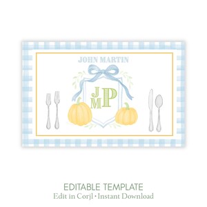Printable Placemat | Blue Pumpkin Crest | Fall Boy Party | Editable Corjl Template
