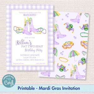 Watercolor Printable Mardi Gras Birthday Party Invitation, Parade Krewe Gingham Fat Twosday Invitation Template, Digital Download, Corjl