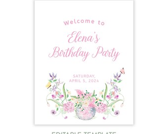 Butterfly Birthday Welcome Sign Floral Garden Birthday Party Decor Pink Girl Butterfly Party Editable Corjl Printable Welcome Poster