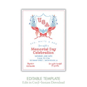 Memorial Day Invitation, Patriotic BBQ Party Invite, Red White Blue Summer Cookout Invitation, July 4th Invite, Editable Invitation, Corjl image 1
