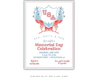 Memorial Day Einladung, Vaterländische Grillpartyeinladung, Rot-Weiß-Blaue Sommerkochparty-Einladung, 4.Juli-Einladung, bearbeitbare Einladung, Corjl