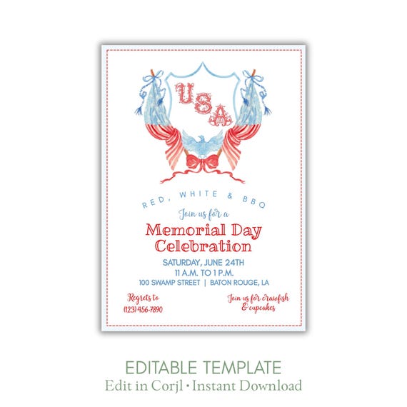 Memorial Day Invitation, Patriotic BBQ Party Invite, Red White Blue Summer Cookout Invitation, July 4th  Invite, Editable Invitation, Corjl