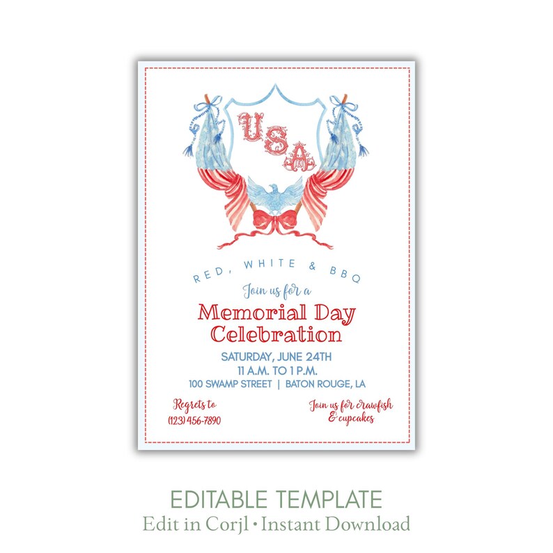 Memorial Day Invitation, Patriotic BBQ Party Invite, Red White Blue Summer Cookout Invitation, July 4th Invite, Editable Invitation, Corjl image 1