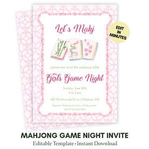 Convite para Noite de Jogos de Mahjong entre Meninas | Convite Editável para Corjl | Convite para Encontro de Mahjong | Festa de Mahjong Feminina | Imprimível para Corjl