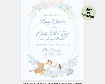 Aquarel babyshower uitnodiging, bewerkbare blauwe babyshower uitnodiging, elegante vintage babyshower sjabloon, afdrukbare digitale download