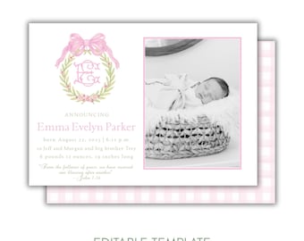 Editable Baby Girl Birth Announcement, Corjl Template, Watercolor Newborn Card, Photo Birth Announcement, Printable Baby Girl, Pink Monogram
