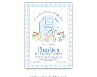 Barnyard Birthday Invitation, Farm Animals Birthday Party Invite, Editable Farm Party Invitation, Kids Farm Birthday, Barnyard Party Invite