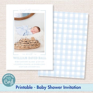 Watercolor Printable Birth Announcement, Sweet Blue Classic Baby Gingham Traditional Invitation Template, Editable Digital Download, Corjl