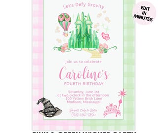 Wicked Birthday Party Invitation Editable Template | Elphaba Glinda Pink Green Girl Birthday | Defy Gravity Musical Party Invite Corjl