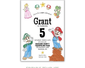Aquarell Mario-Geburtstags-Einladung, Videospiel-Geburtstags-Party einladen, Super Mario Party-Einladung, Mario Bros einladen, bearbeitbare einladen