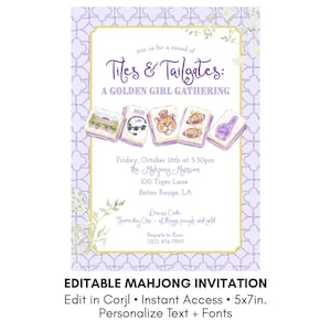 May include: A purple and white invitation card featuring a trellis pattern border and watercolor illustrations of five mahjong tiles. The text reads Tiles & Tailgates: A Golden Girl Gathering, with event details for Friday, October 16th at 5:30pm.
