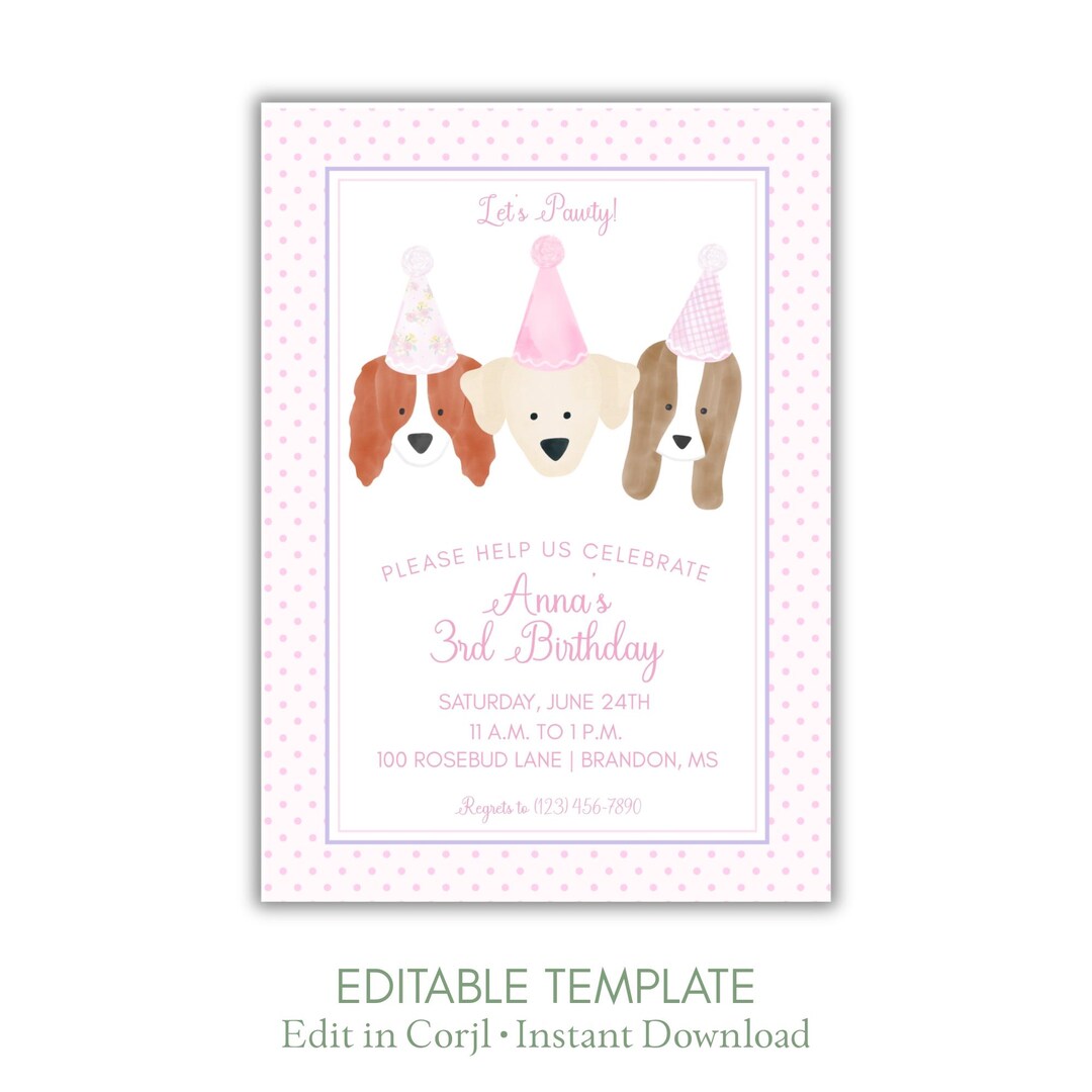 Pink Puppy Birthday Invitation Girl, Editable Pawty Invite, Dog ...