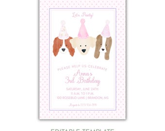 Pink Puppy Birthday Invitation Girl, Editable Pawty Invite, Dog Birthday Party, Watercolor Doodle Puppy, 1st Birthday Template, Corjl