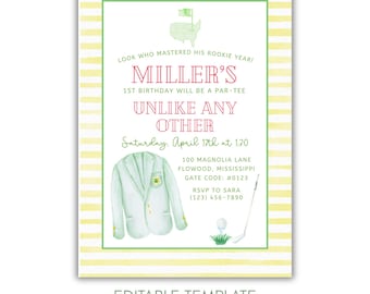 Golf Birthday Invitation, Masters Golf First Birthday Party, Country Club Birthday, Mastered 1st Year, Preppy Golf Theme, Editable Template