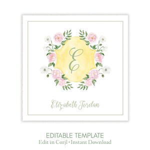Yellow Floral Monogram Gift Tag Template, Pink Personalized Initial Favor Tag, Preppy Palm Beach Style Gift Enclosure Card, Colorful Coastal