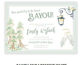 May include: An invitation with a watercolor design. The text reads "How sweet it is to be loved BAYOU!" and invites guests to a couples shower for Emily & Jack. Includes a watercolor of trees, birds, and a lantern.