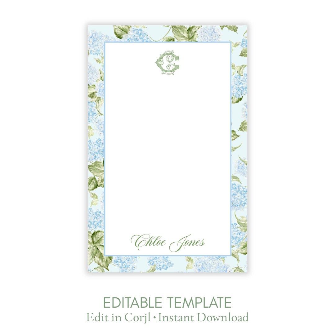 Blue Hydrangea Notepad: Personalized Watercolor Stationery (digital ...