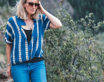 The Terra (cool colors): Handmade Crochet Button Down Top, Blue with Lace Detail sz L/XL
