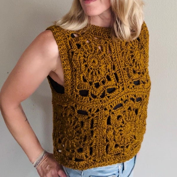 The Fitz (size small): Crochet Granny Square Tank Top, Sleeveless Boho Style