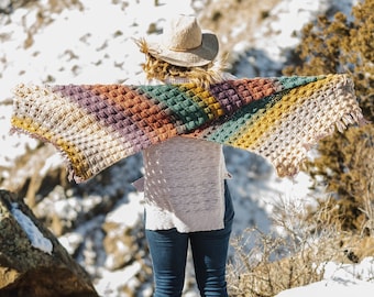 El Meadowlark: Manta tipo chal estilo bohemio de ganchillo, chal con flecos para todas las estaciones.