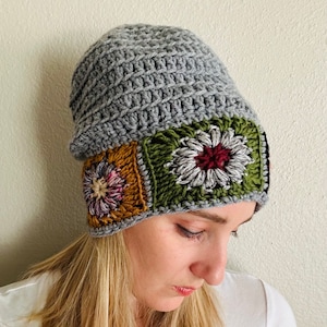 The Madison (Gray): Crochet Slouchy Beanie, Granny Square Flower Accent