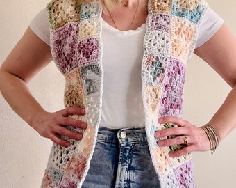 The Gardenia: Crochet Granny Square Vest, Colorful Boho Hippie Vest