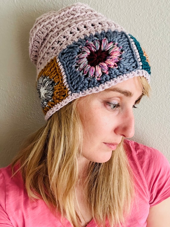 The Madison (pink): Crochet Slouchy Beanie, Granny Square  display picture 1