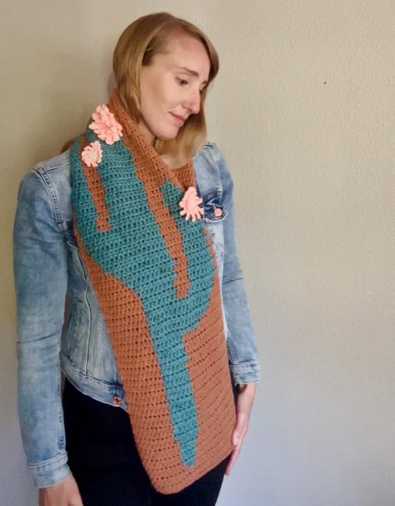 The Saguaro: Crochet Cactus Scarf, Southwest Style Winter Scarf With 3d  Flowers - Etsy Canada