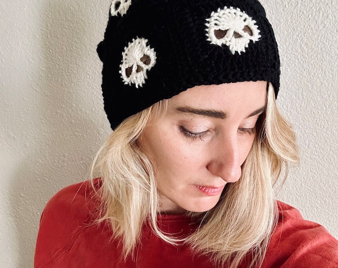 The Crush: Crochet Skull Granny Square Beanie, Unisex Hat