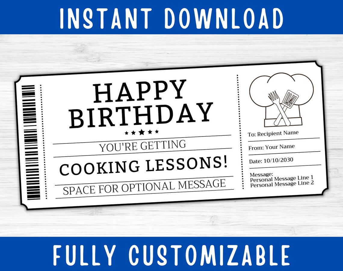 Cooking Lessons Gift Ticket Voucher Card Coupon Certificate Etsy