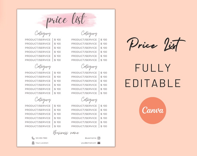 Price List Template Canva Small Business Price List Editable | Etsy