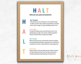 DBT HALT Technique, Coping Skills, Therapy Office Decor, Mental Health Print, Polyvagal, Nervous System Regulation, School Counselor