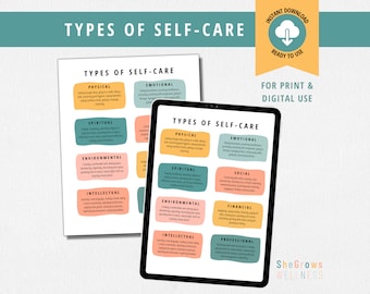 Types de soins personnels, estime de soi, affiche sur la santé mentale, décor de bureau de thérapie, travail social, conseil, DBT, CBT, psychologie, coach de vie, anxiété