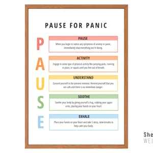 Pause for Panic Poster, Therapy Office Decor, CBT Print, Mental Health Poster, PTSD, Trauma Recovery, School Counselor, DBT Skills