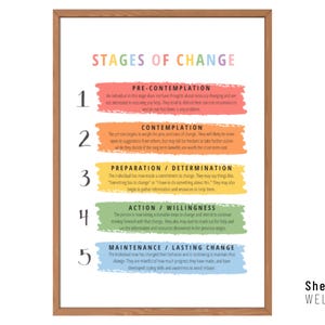 May include: A colorful chart with the stages of change. The stages are pre-contemplation, contemplation, preparation/determination, action/willingness, and maintenance/lasting change. Each stage is described with a short paragraph of text.