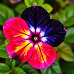 May include: A vibrant flower with petals in shades of pink, yellow, blue, and black. The flower has a unique, multi-colored pattern.