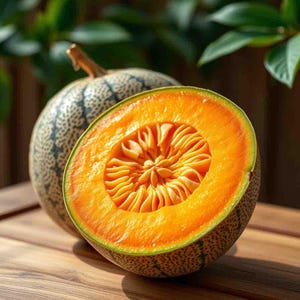 May include: A halved cantaloupe melon with a green rind and orange flesh. The inside of the melon shows the seeds arranged in a circular pattern.