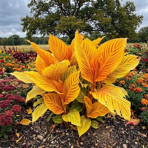 May include: A vibrant close-up of a Canna Lily plant with large, yellow-orange leaves. The leaves have striking, parallel red-orange veins. The plant is surrounded by a colorful flower bed with various blooms, set against a backdrop of trees and a cloudy sky.